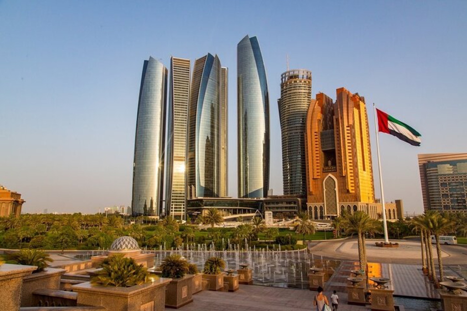 Etihad Towers seen from the Emirates Palace fountains