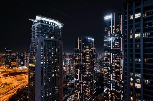 Dubai Marina towers at night