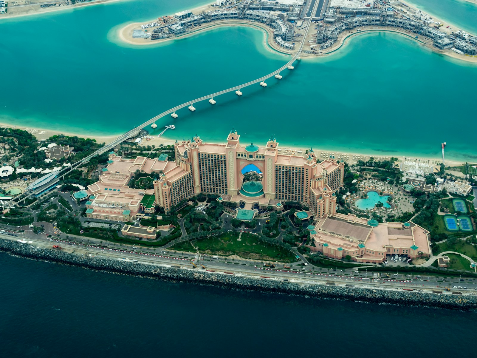 Aerial view of Palm Jumeirah with Atlantis at its crown